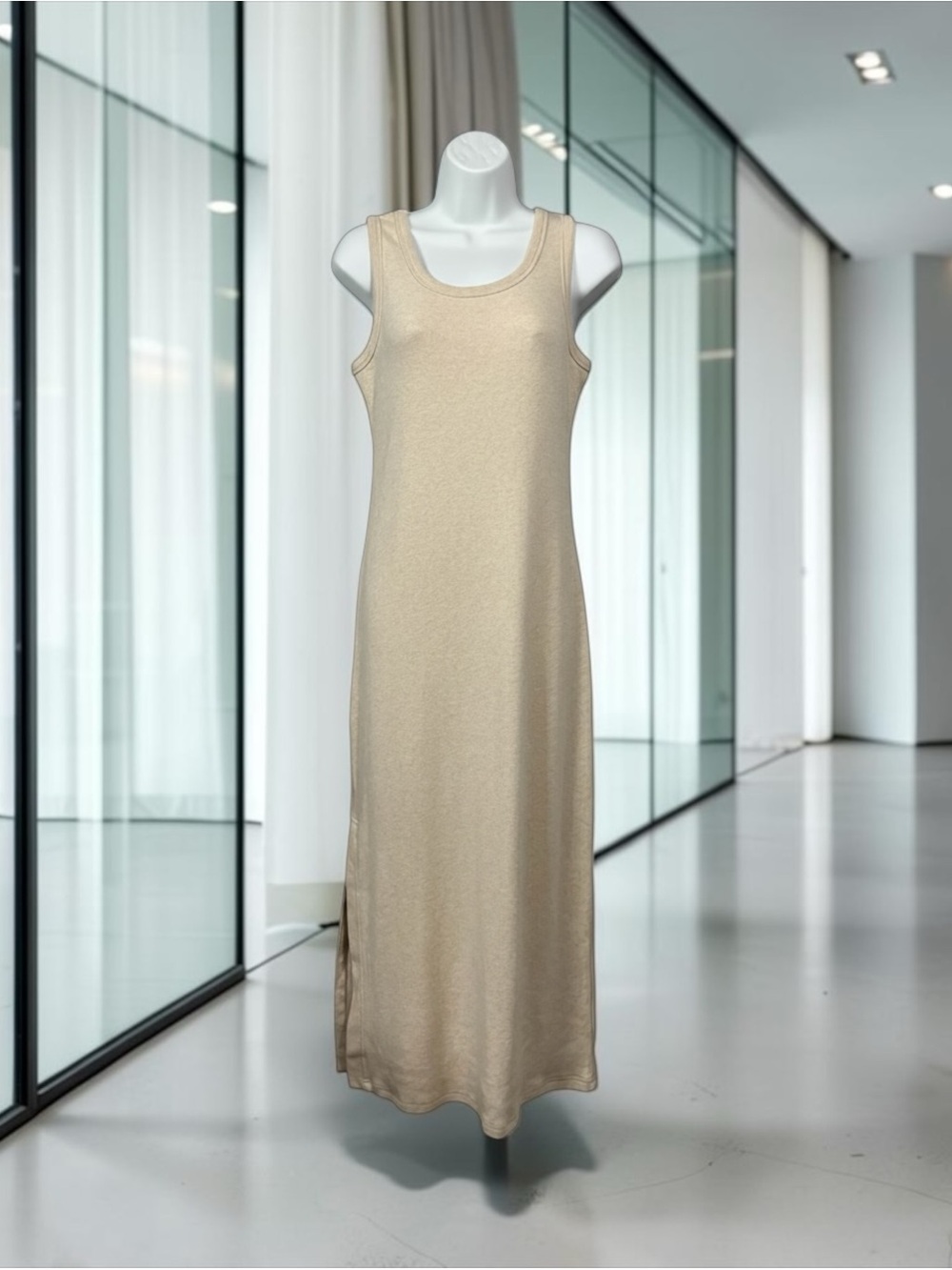NEW, W&Y, Beige Knit Maxi Tank Dress, Medium, Stretch Sleeveless Side Slit